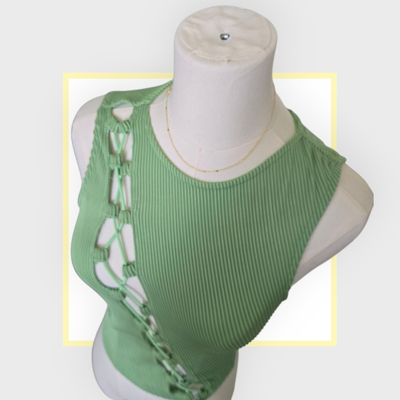 Green Lace-Up Ribbed Top - Picture 3 of 6